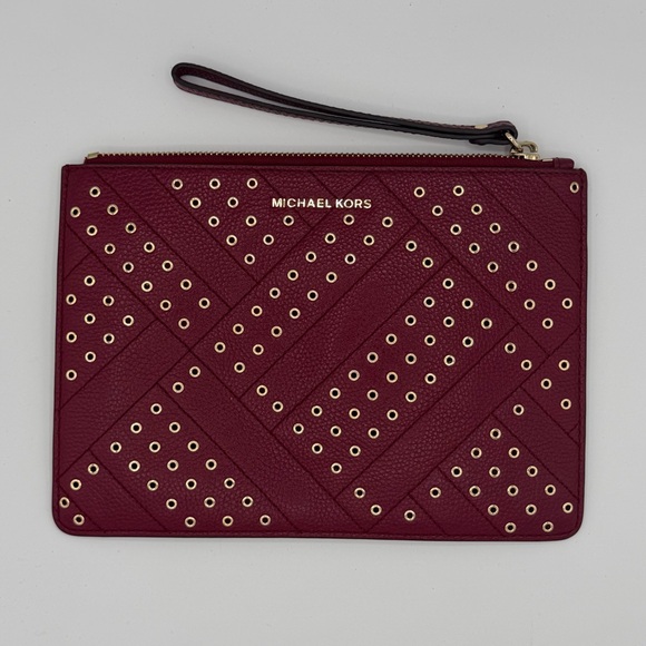 Michael Kors Jet Set Travel XL Zip Stud Clutch Wristlet Pebbled Leather Mulberry - Picture 9 of 10